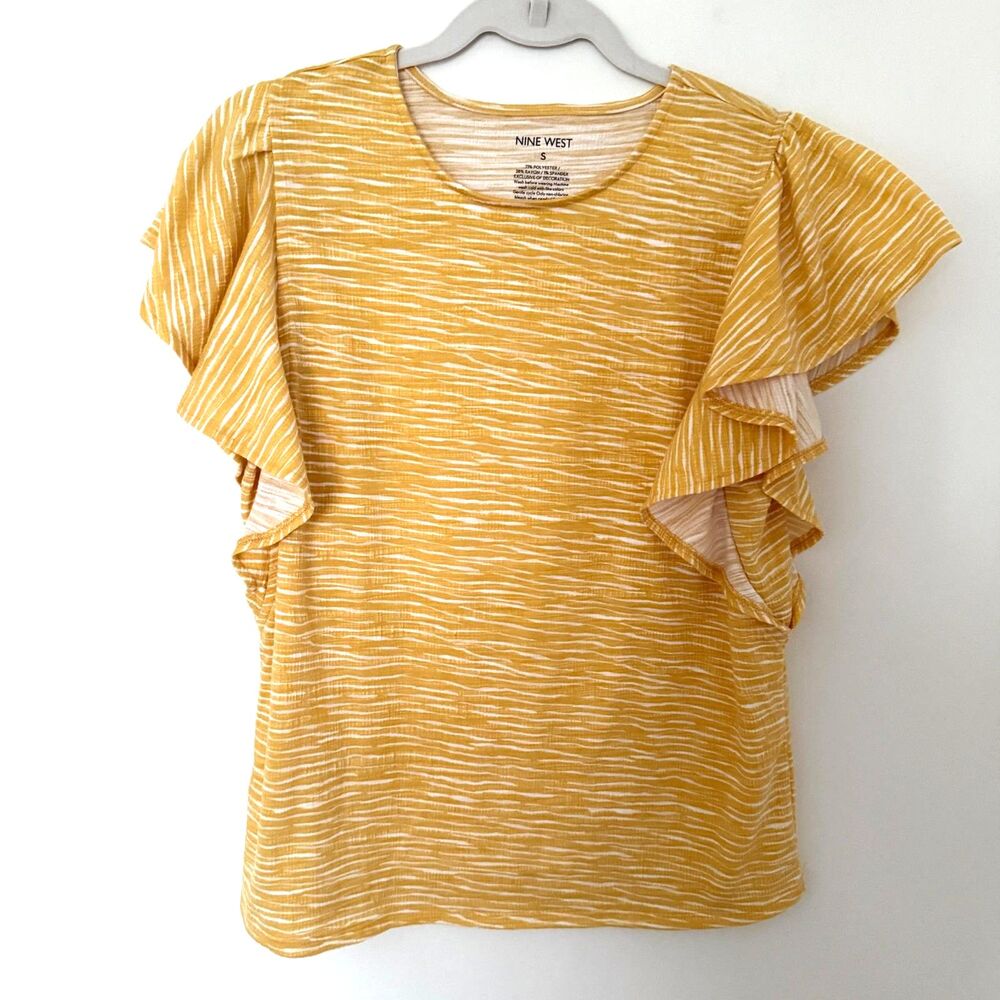Nine West Orange Striped Flutter Sleeve Lightweight Casual Crewneck Top Sz S